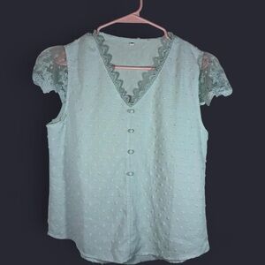 Mint Lace Flutter Sleeve Button Front Blouse Size M